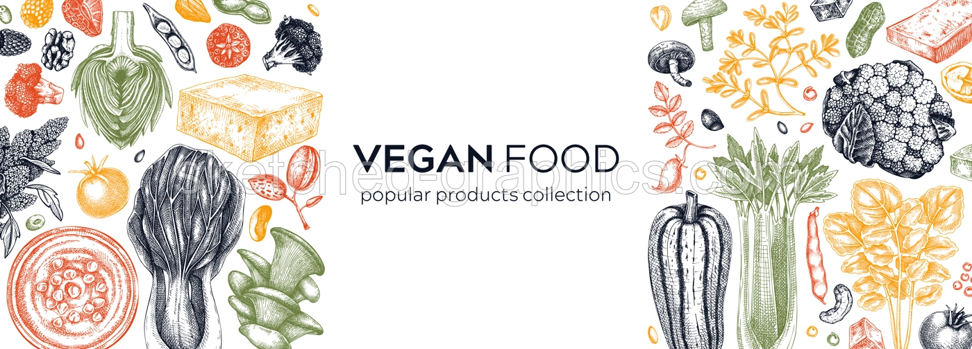 Vegan food sketched banner. Healthy food banner template. Middle eastern cuisine frame. Hand drawn vegan meals and ingredients for menu, recipe, packaging design. Vegan food sketches in color Illustration